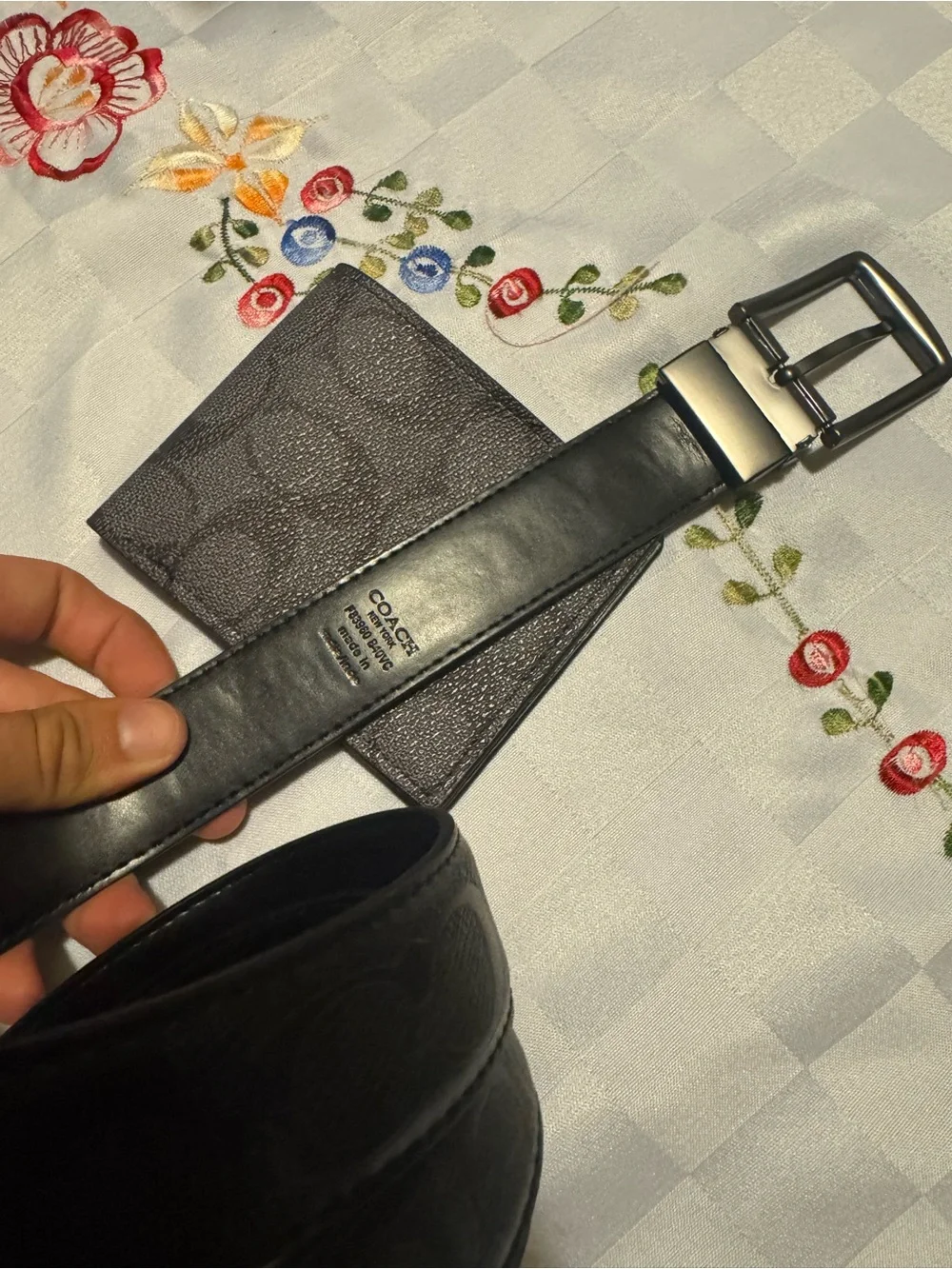 Coach Men’s Black and Brown Signature Canvas Belt and Wallet Set